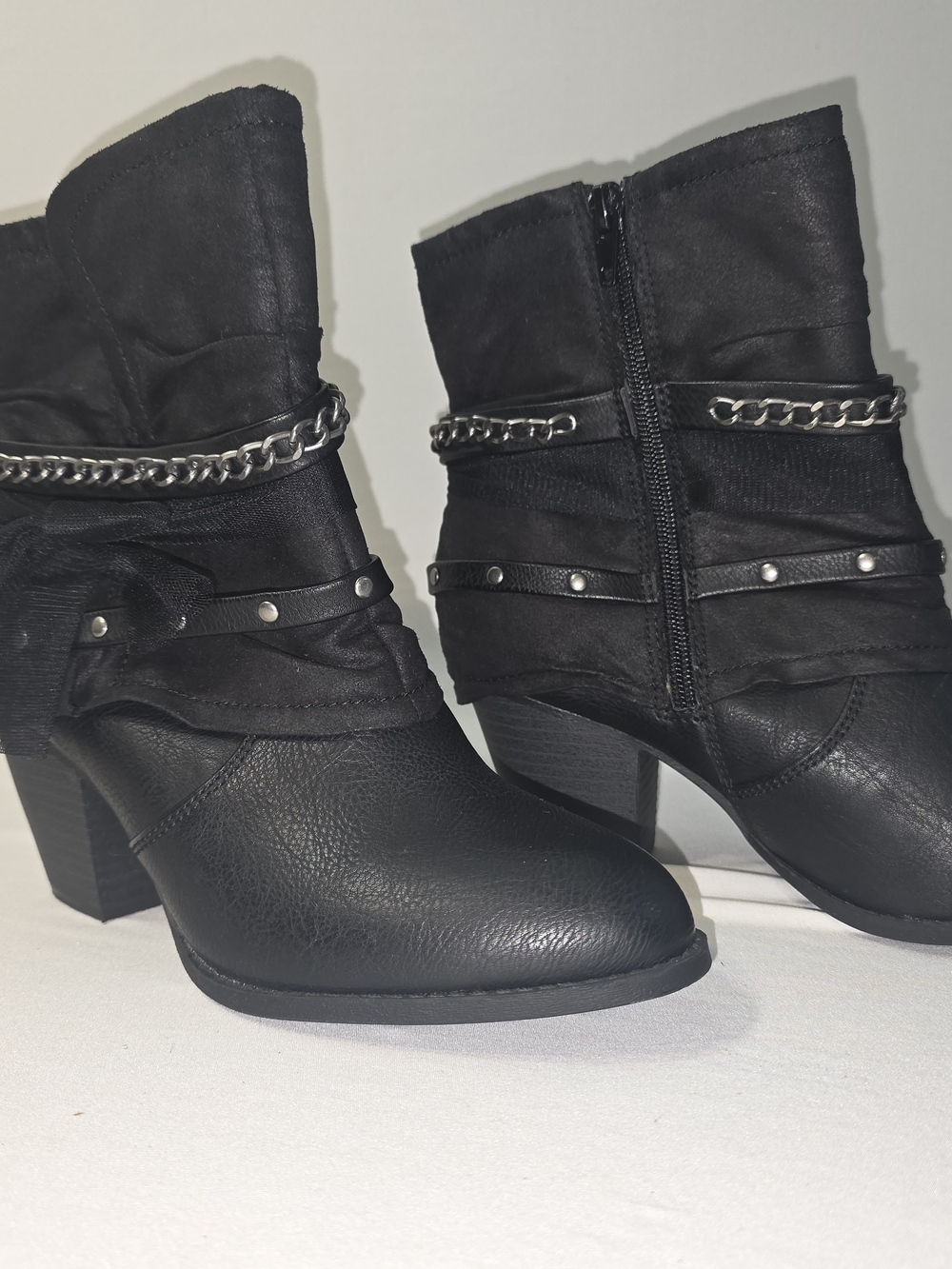 Jellypop Womens Black Faux Leather Ankle Boots with Chain Detail